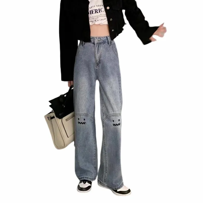 Kawaii Smiley Embroidered High Waist Y2k Straight Baggy Denim Pants