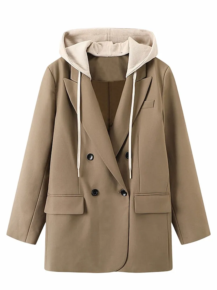 Women Notched Collar Long Sleeve Patchwork Hooded Collar Long Sleeve Blazers