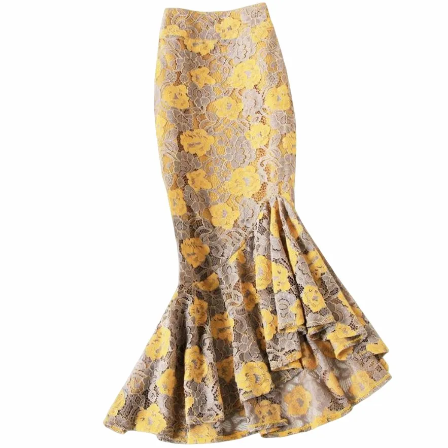 Irregular lace fishtail skirt high waist women package hip mermaid skirt